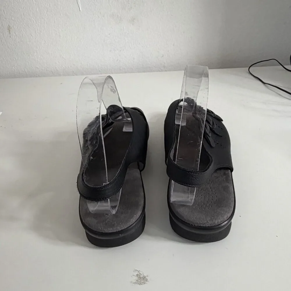 SAS Sandals Womens 9.5 Black Leather Caress Slingback Ankle Strap Wedge Heel USA